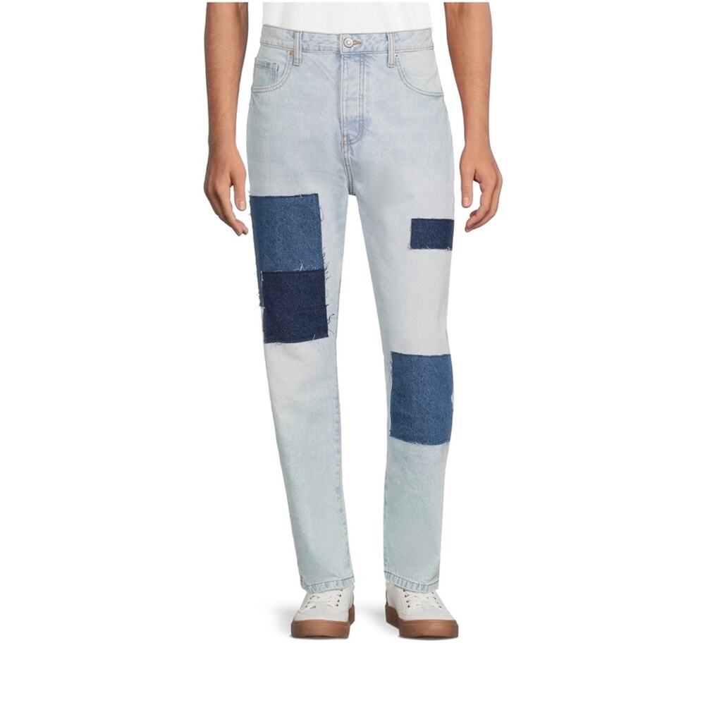 Men’s No Boundaries Lightwash Patchwork Straight Leg Denim Jeans 1037